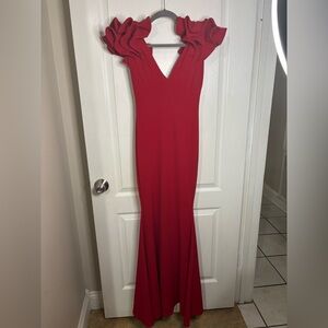Floor length Red Fashion Nova dress with shoulder details